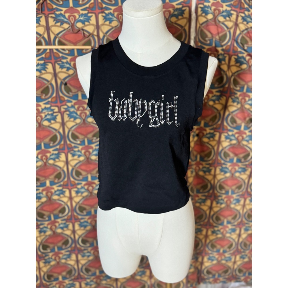 Babygirl Rhinestone Crop Top Sleeveless Black Tank Top Festival Rave large